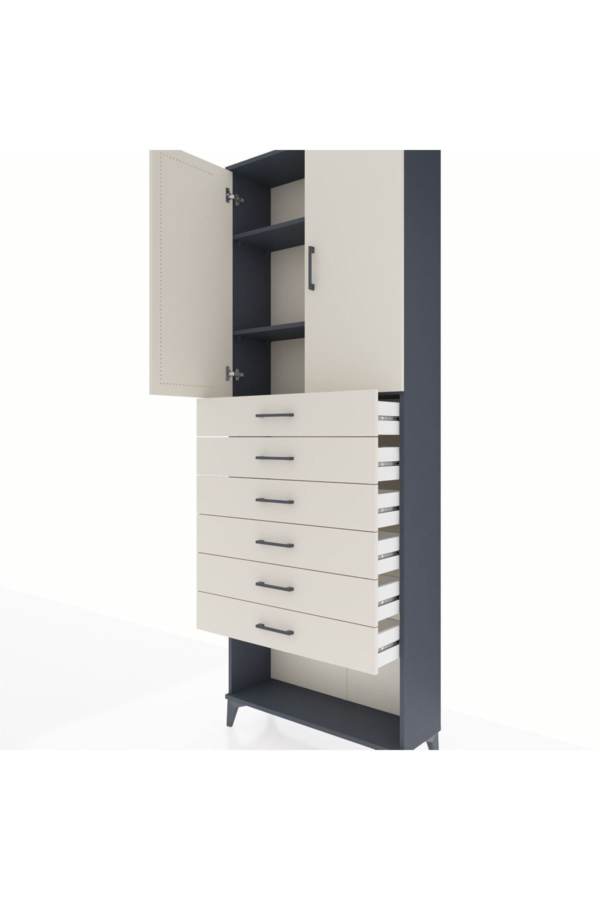 Arges Dolap 3 Raflı 6 Çekmeceli 2 Kapaklı 88x30x243 Antrasit-Aytaşı