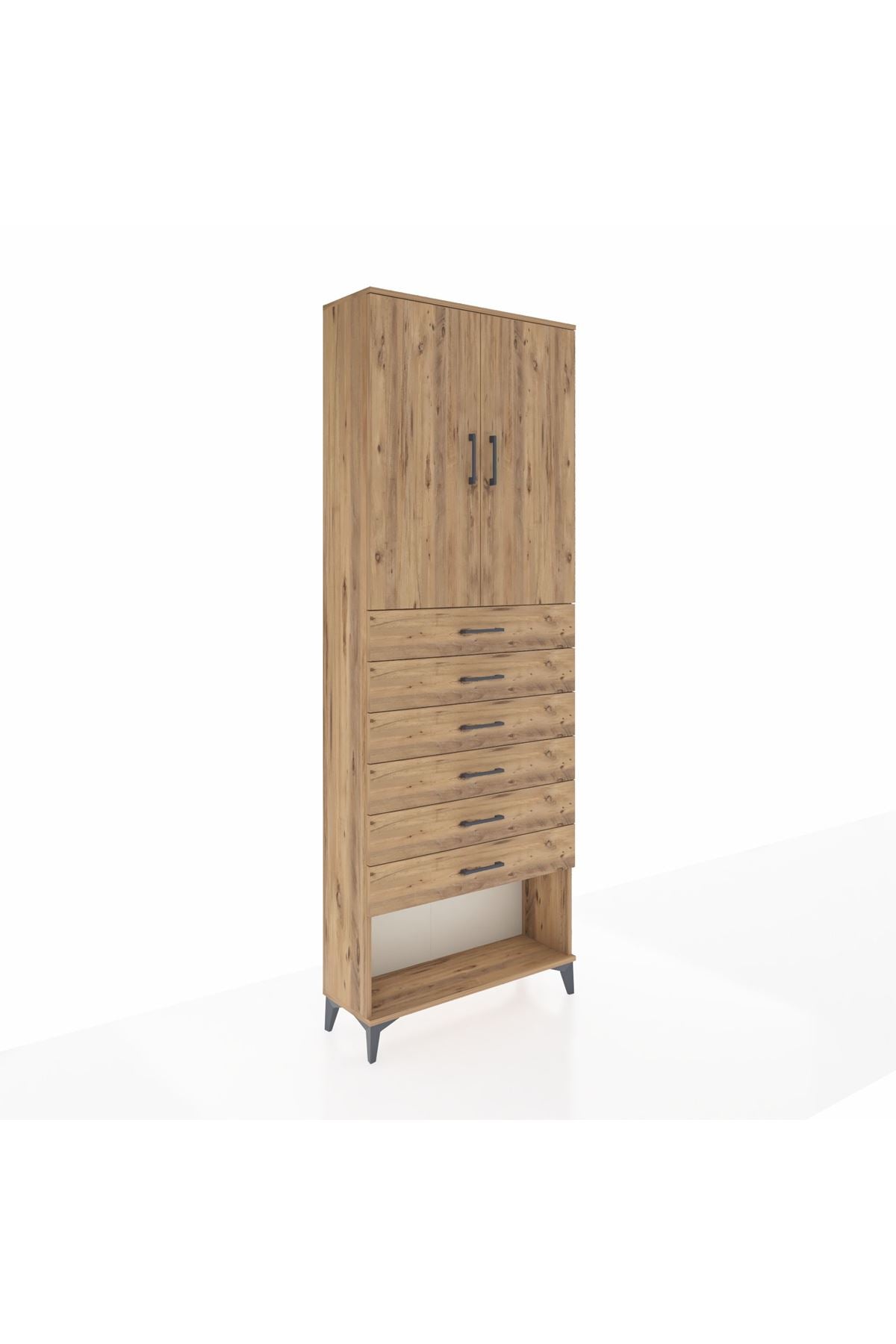 Arges Dolap 3 Raflı 6 Çekmeceli 2 Kapaklı 88x30x243 Çam-Çam