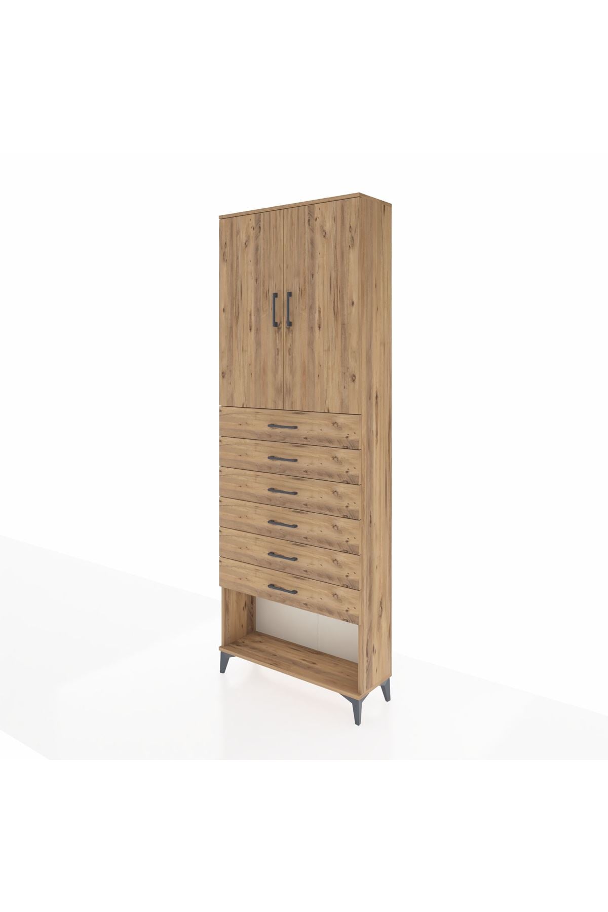 Arges Dolap 3 Raflı 6 Çekmeceli 2 Kapaklı 88x30x243 Çam-Çam