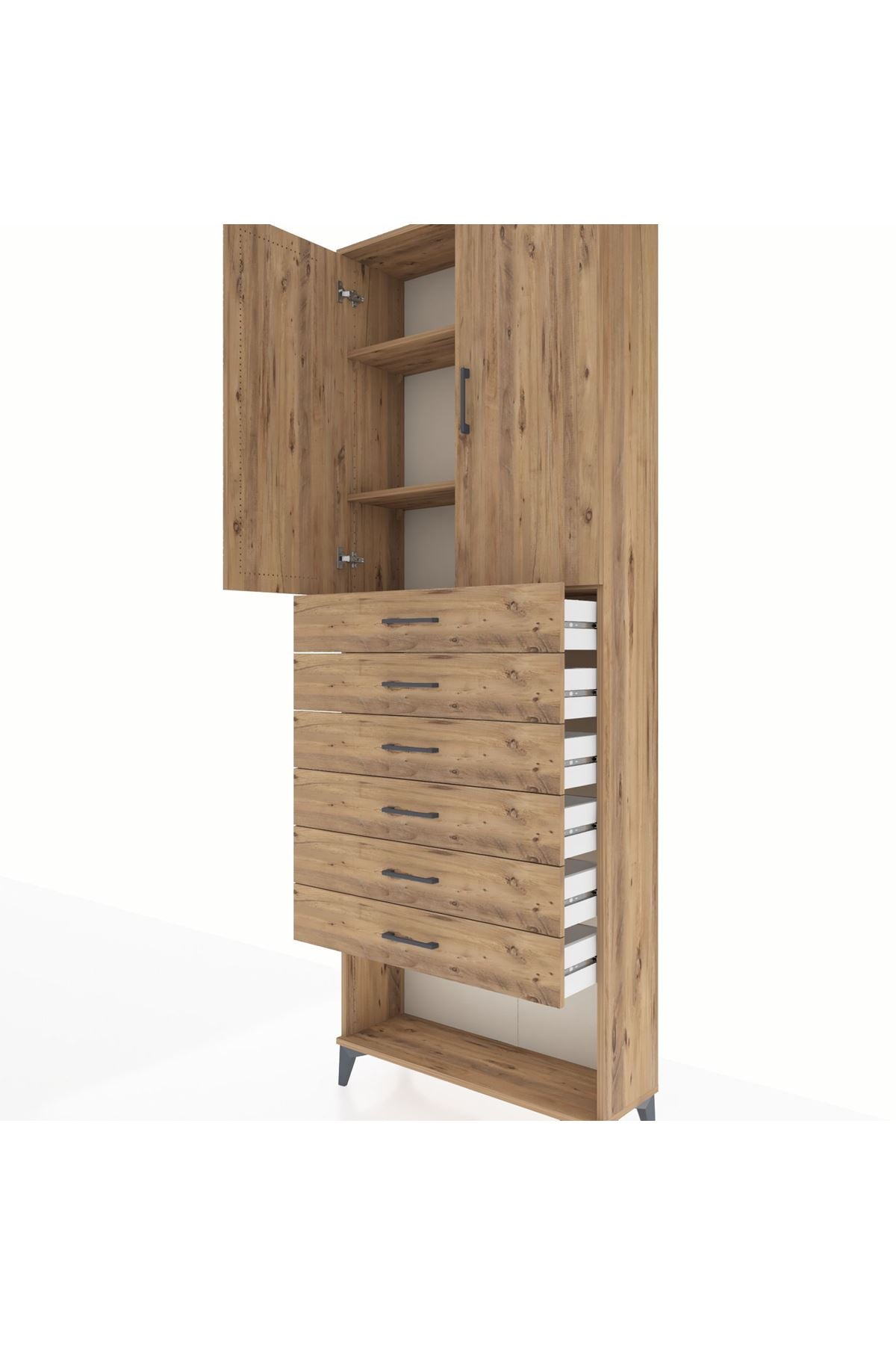 Arges Dolap 3 Raflı 6 Çekmeceli 2 Kapaklı 88x30x243 Çam-Çam