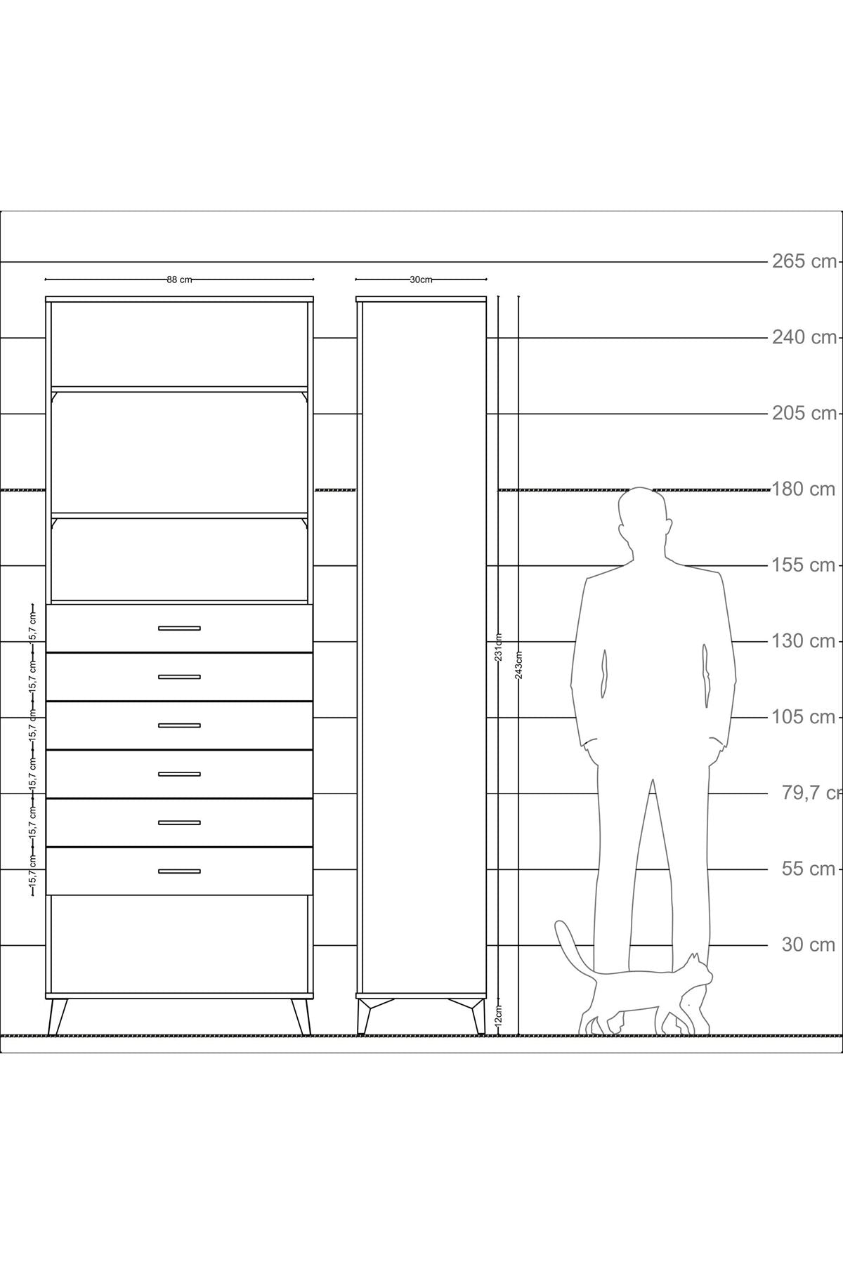 Arges Dolap 3 Raflı 6 Çekmeceli 88x30x243 Aytaşı-Çam