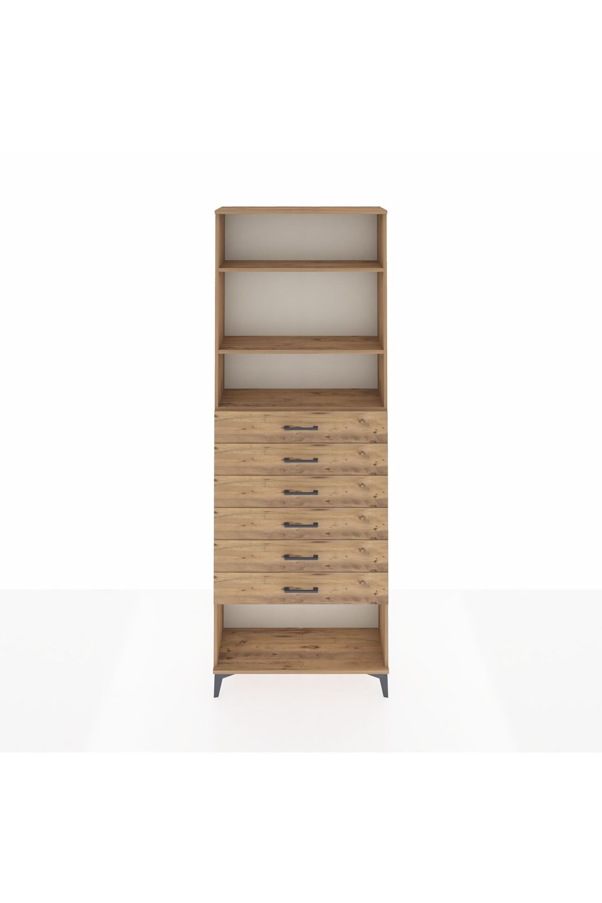 Arges Dolap 3 Raflı 6 Çekmeceli 88x30x243 Çam-Çam