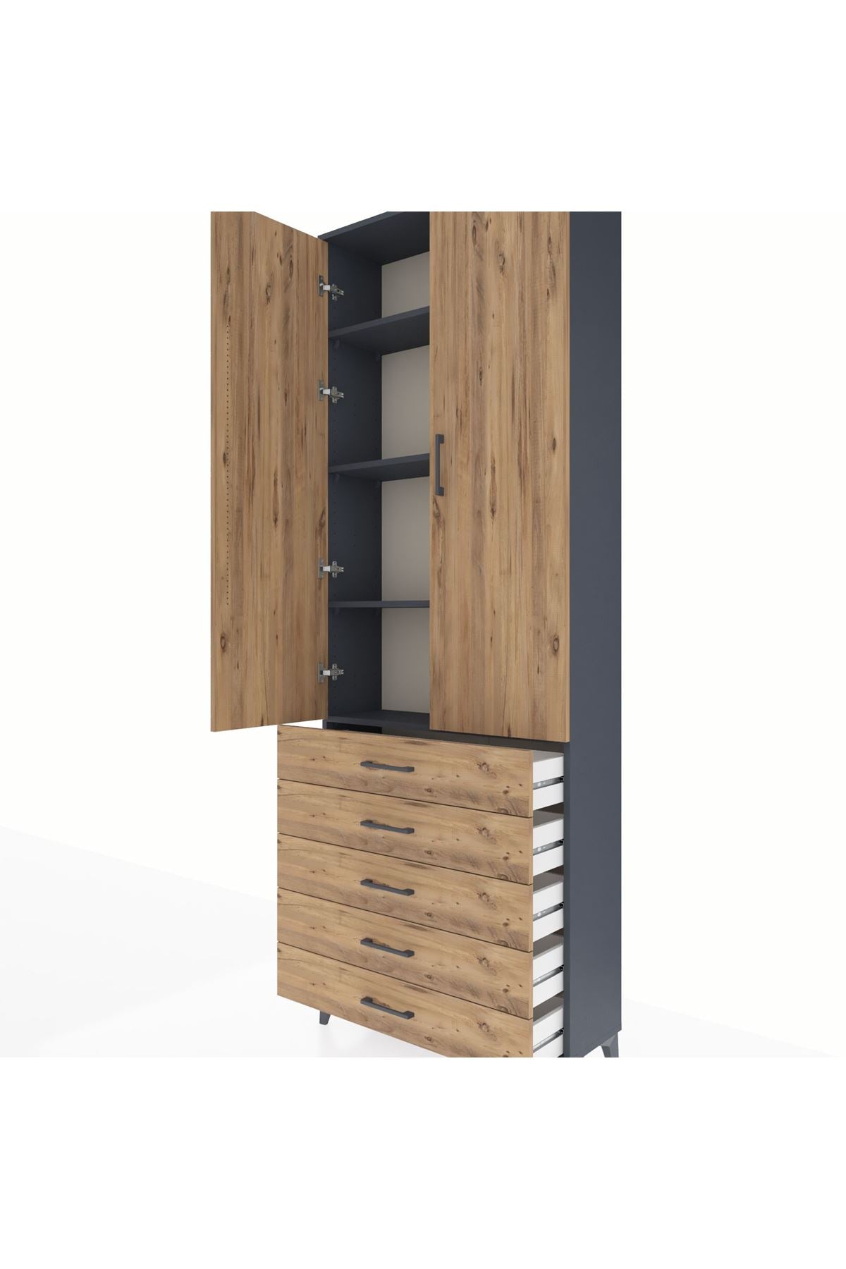 Arges Dolap 4 Raflı 5 Çekmeceli 2 Kapaklı 88x30x243 Antrasit-Çam