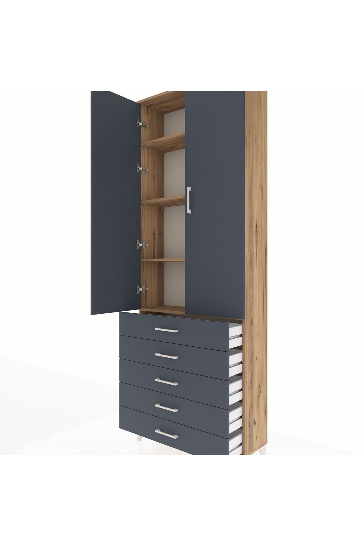 Arges Dolap 4 Raflı 5 Çekmeceli 2 Kapaklı 88x30x243 Çam-Antrasit