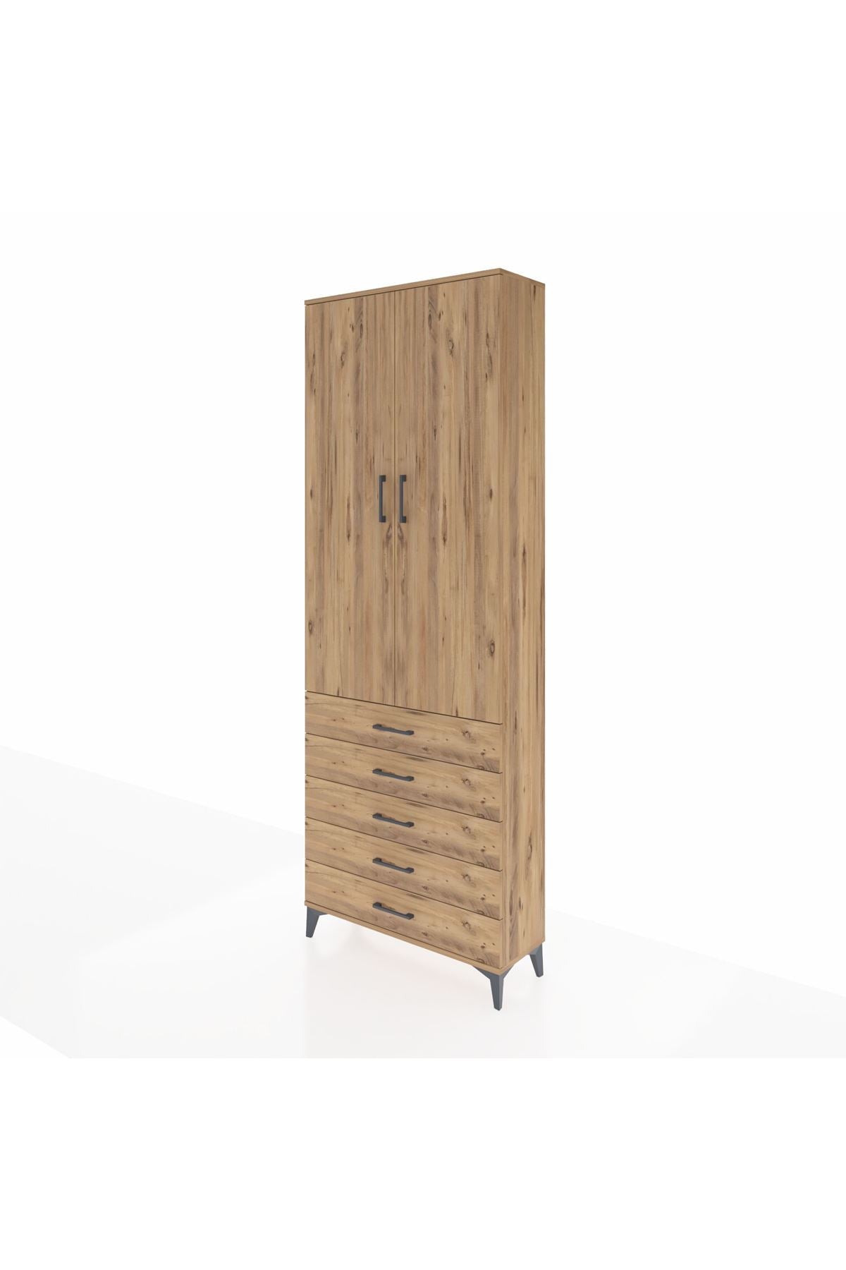 Arges Dolap 4 Raflı 5 Çekmeceli 2 Kapaklı 88x30x243 Çam-Çam