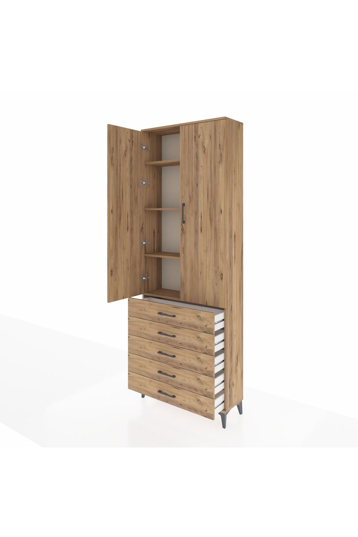 Arges Dolap 4 Raflı 5 Çekmeceli 2 Kapaklı 88x30x243 Çam-Çam