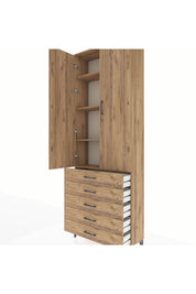 Arges Dolap 4 Raflı 5 Çekmeceli 2 Kapaklı 88x30x243 Çam-Çam