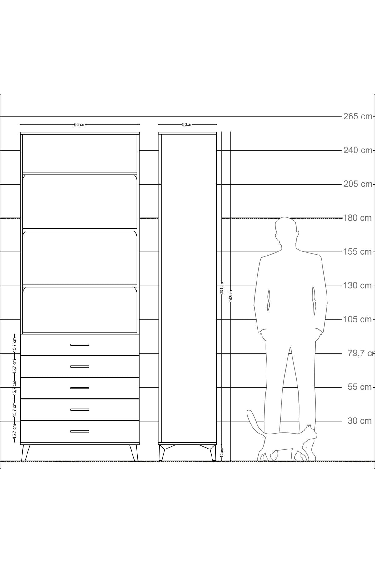 Arges Dolap 4 Raflı 5 Çekmeceli 88x30x243 Antrasit-Çam