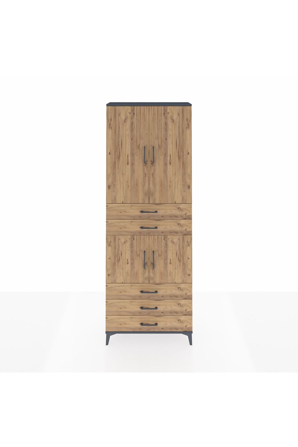 Arges Dolap 4 Raflı 5 Çekmeceli 4 Kapaklı 88x30x243 Antrasit-Çam