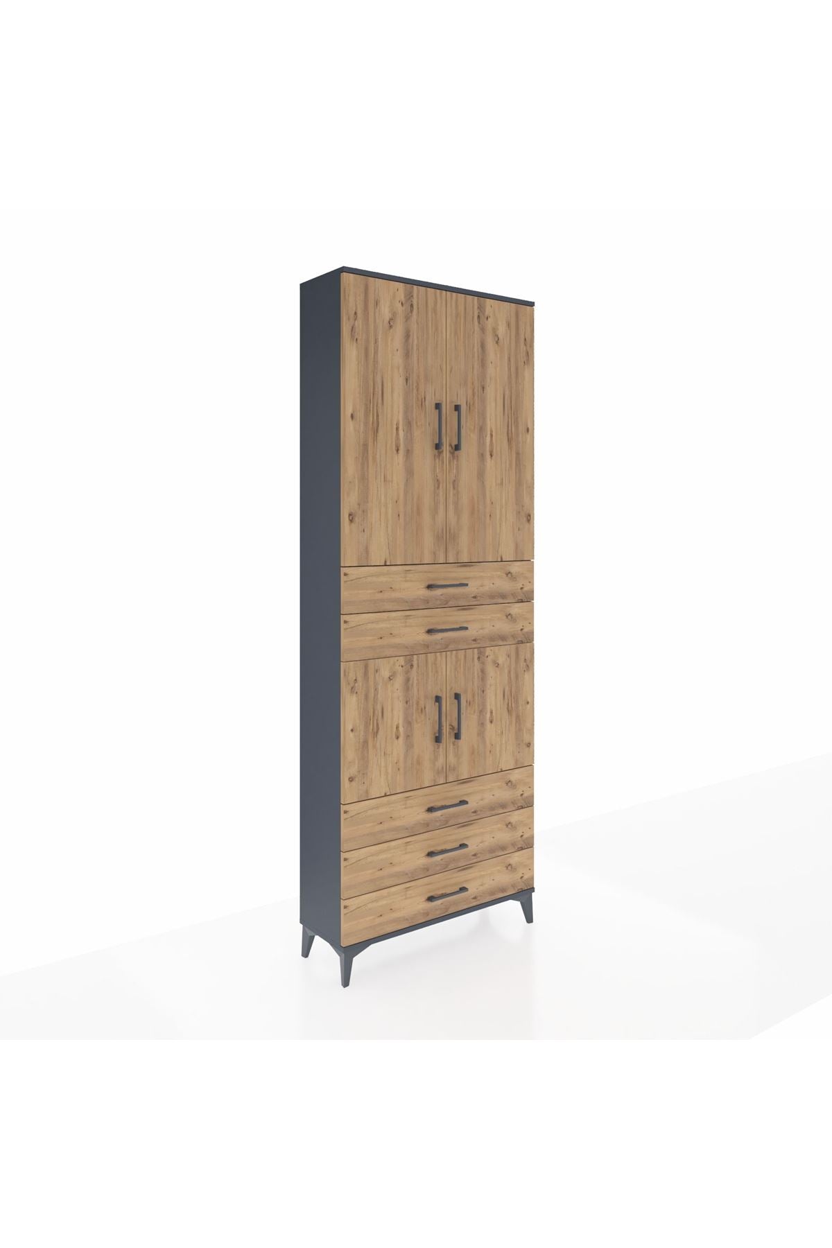 Arges Dolap 4 Raflı 5 Çekmeceli 4 Kapaklı 88x30x243 Antrasit-Çam