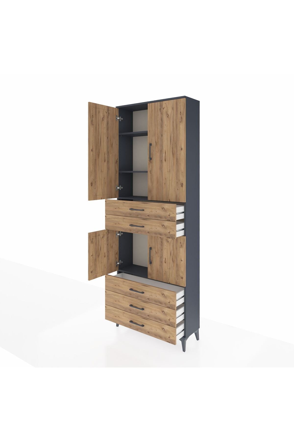 Arges Dolap 4 Raflı 5 Çekmeceli 4 Kapaklı 88x30x243 Antrasit-Çam