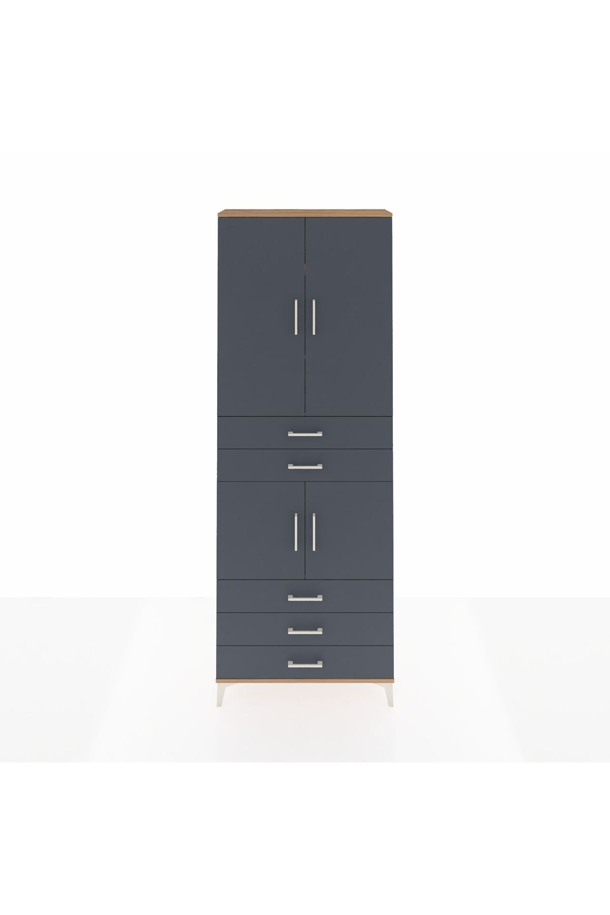 Arges Dolap 4 Raflı 5 Çekmeceli 4 Kapaklı 88x30x243 Çam-Antrasit