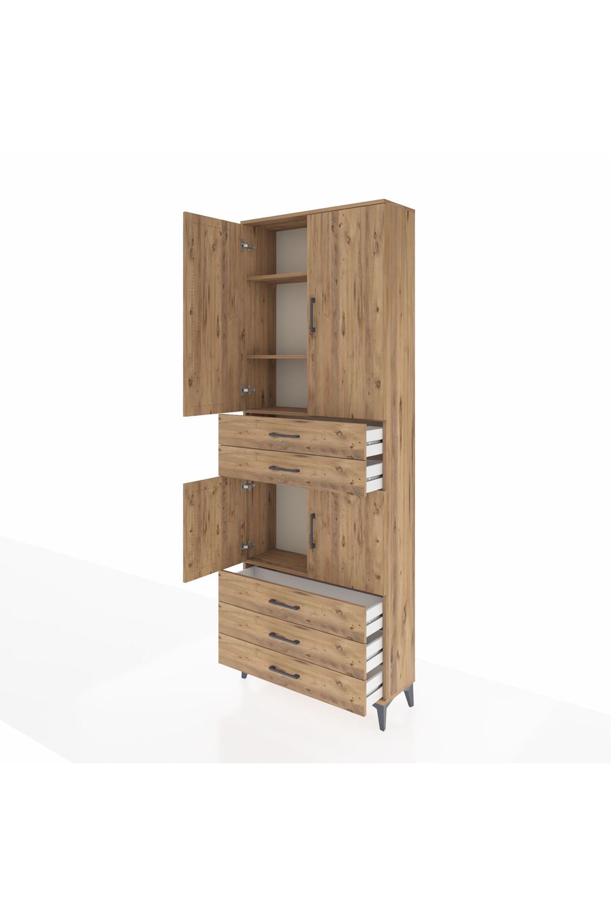 Arges Dolap 4 Raflı 5 Çekmeceli 4 Kapaklı 88x30x243 Çam-Çam