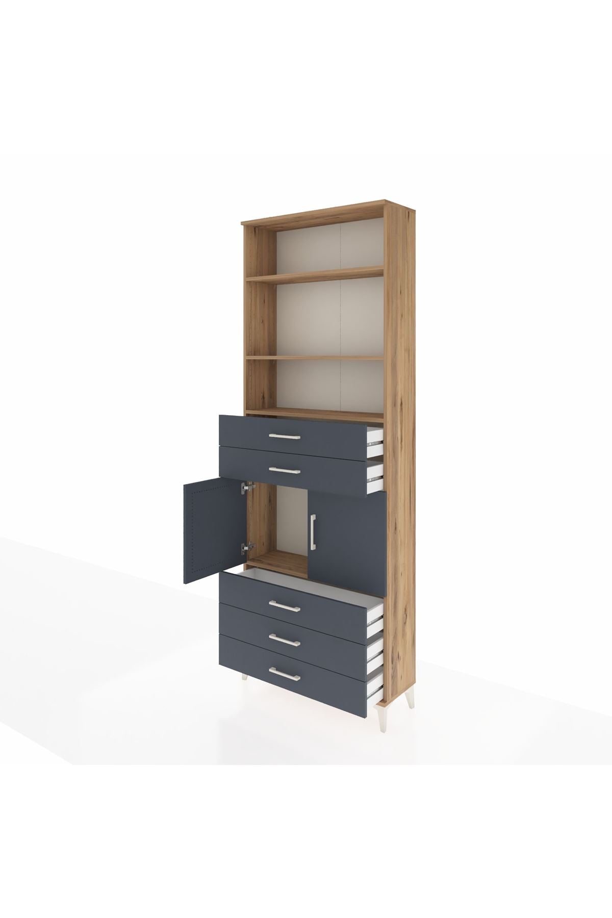 Arges Dolap 4 Raflı 5 Çekmeceli 2 Kapaklı 88x30x243 Çam-Antrasit