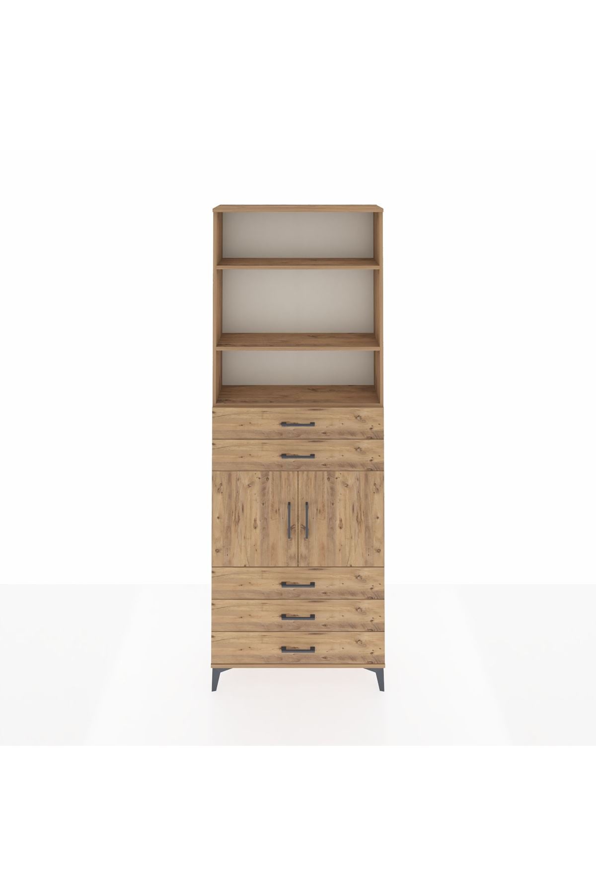 Arges Dolap 4 Raflı 5 Çekmeceli 2 Kapaklı 88x30x243 Çam-Çam