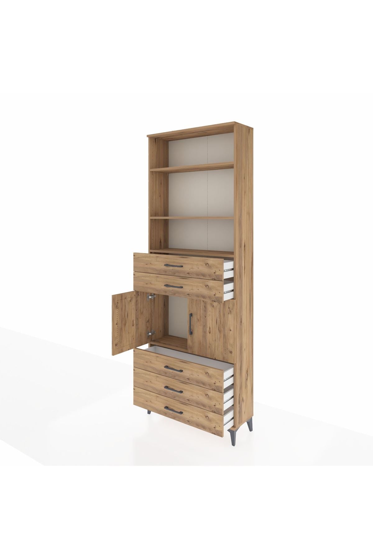 Arges Dolap 4 Raflı 5 Çekmeceli 2 Kapaklı 88x30x243 Çam-Çam