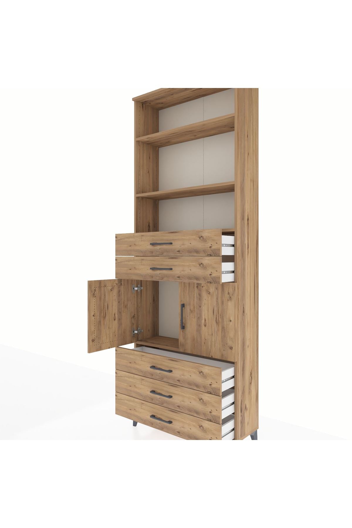 Arges Dolap 4 Raflı 5 Çekmeceli 2 Kapaklı 88x30x243 Çam-Çam