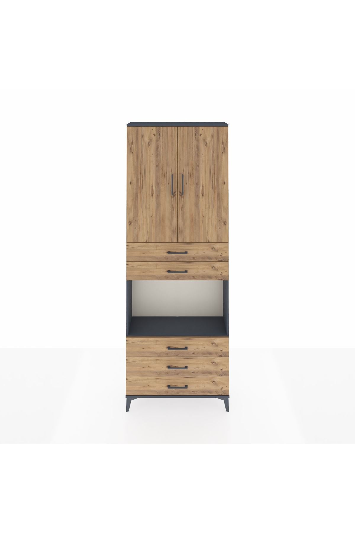 Arges Dolap 4 Raflı 5 Çekmeceli 2 Kapaklı 88x30x243 Antrasit-Çam