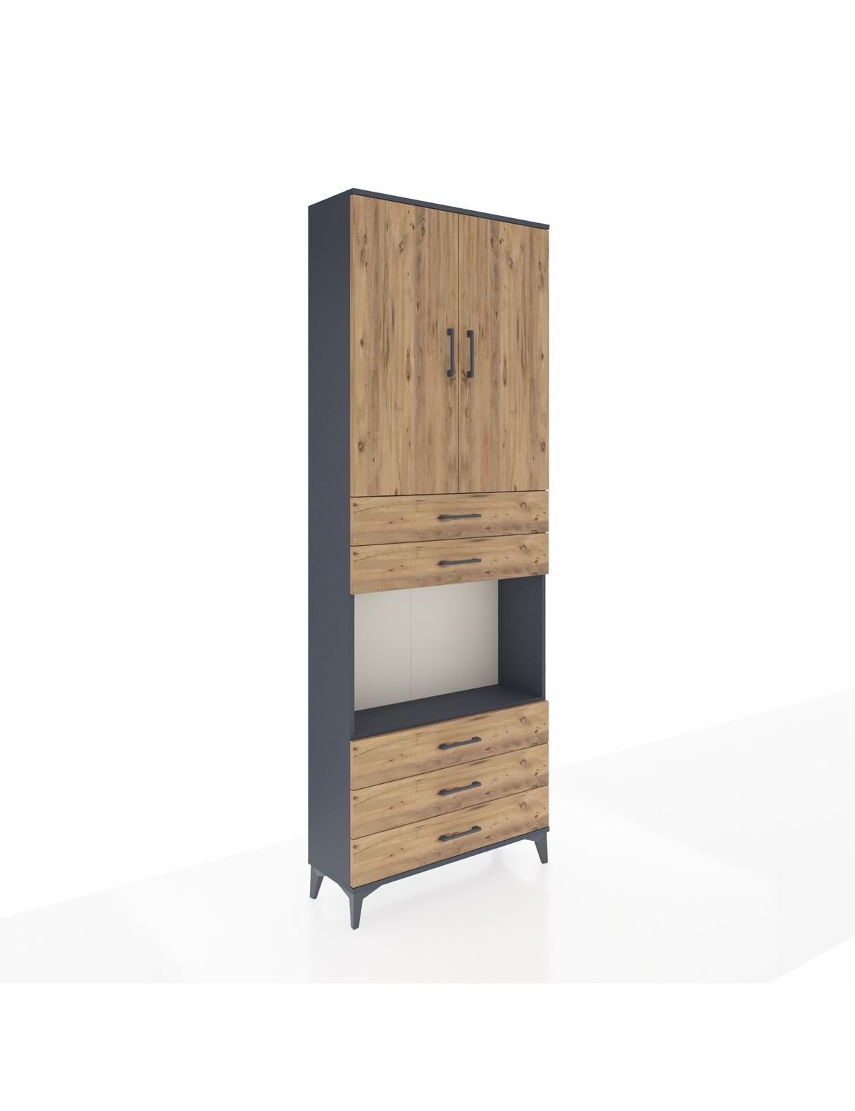 Arges Dolap 4 Raflı 5 Çekmeceli 2 Kapaklı 88x30x243 Antrasit-Çam