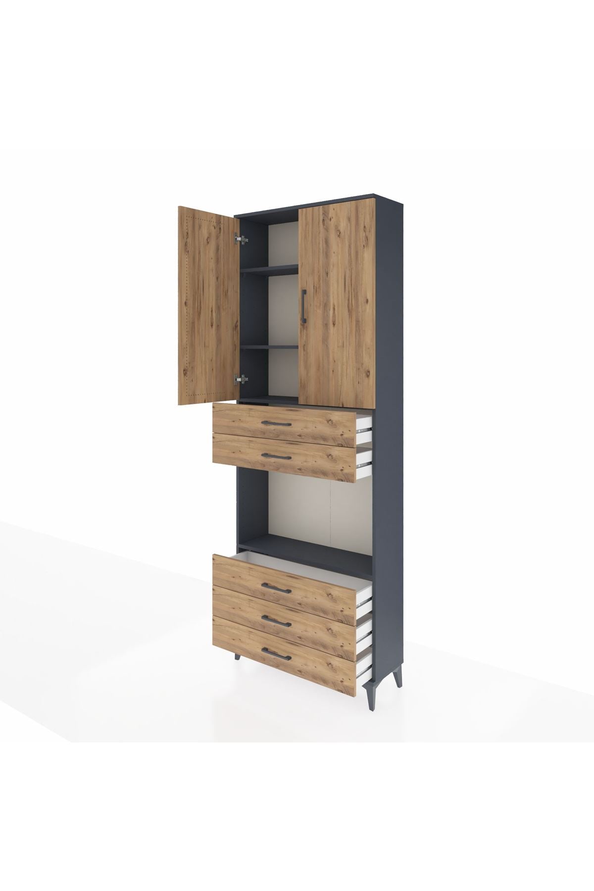 Arges Dolap 4 Raflı 5 Çekmeceli 2 Kapaklı 88x30x243 Antrasit-Çam