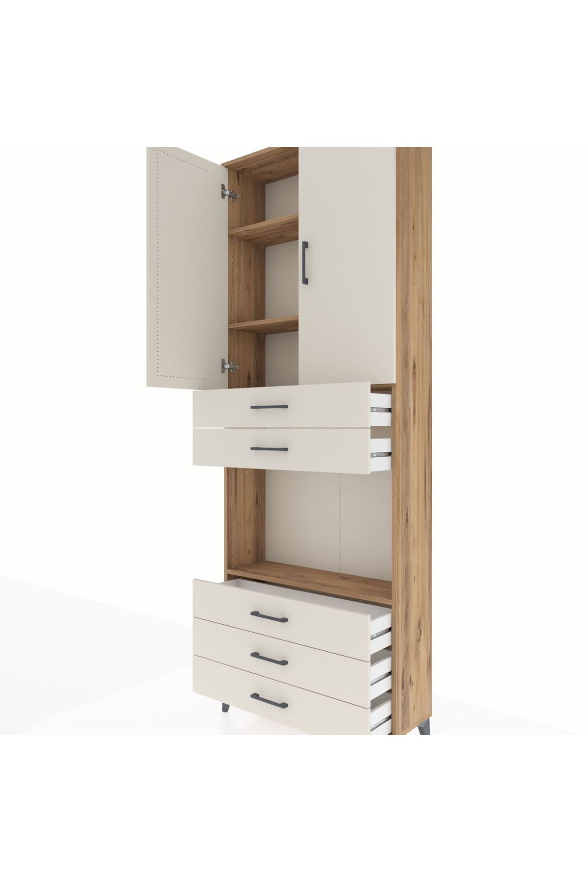 Arges Dolap 4 Raflı 5 Çekmeceli 2 Kapaklı 88x30x243 Çam-Aytaşı