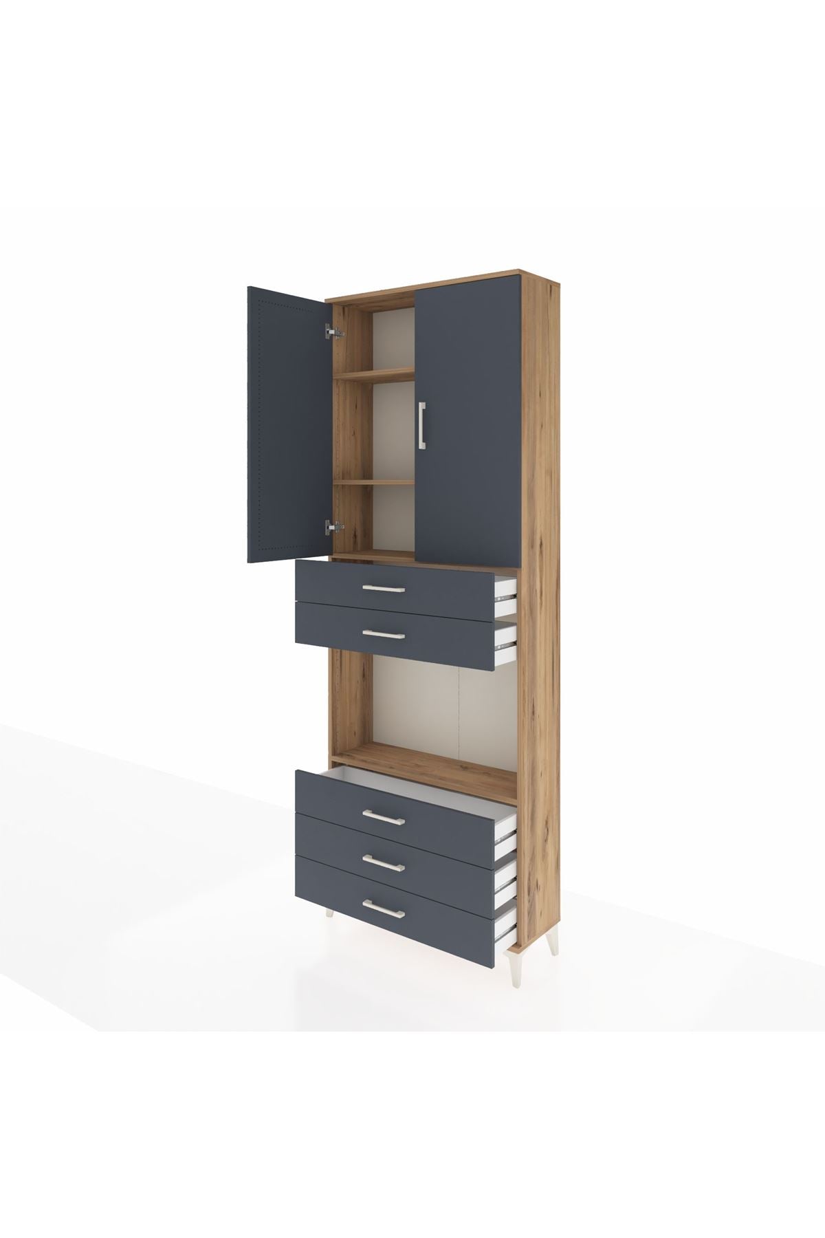 Arges Dolap 4 Raflı 5 Çekmeceli 2 Kapaklı 88x30x243 Çam-Antrasit