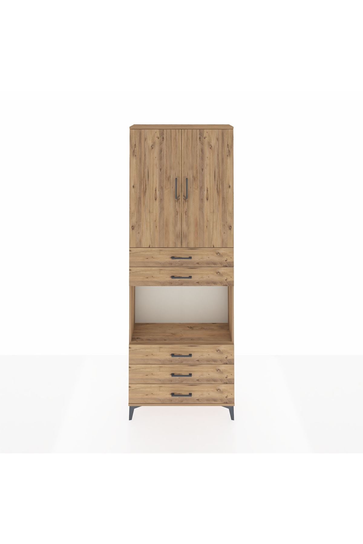 Arges Dolap 4 Raflı 5 Çekmeceli 2 Kapaklı 88x30x243 Çam-Çam