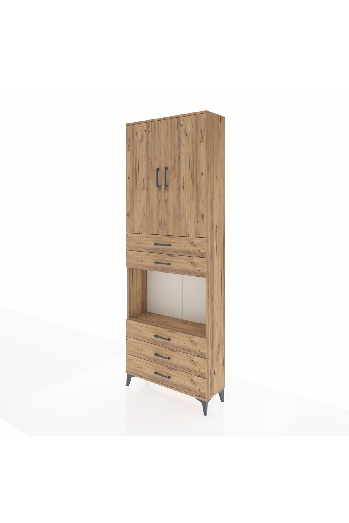 Arges Dolap 4 Raflı 5 Çekmeceli 2 Kapaklı 88x30x243 Çam-Çam