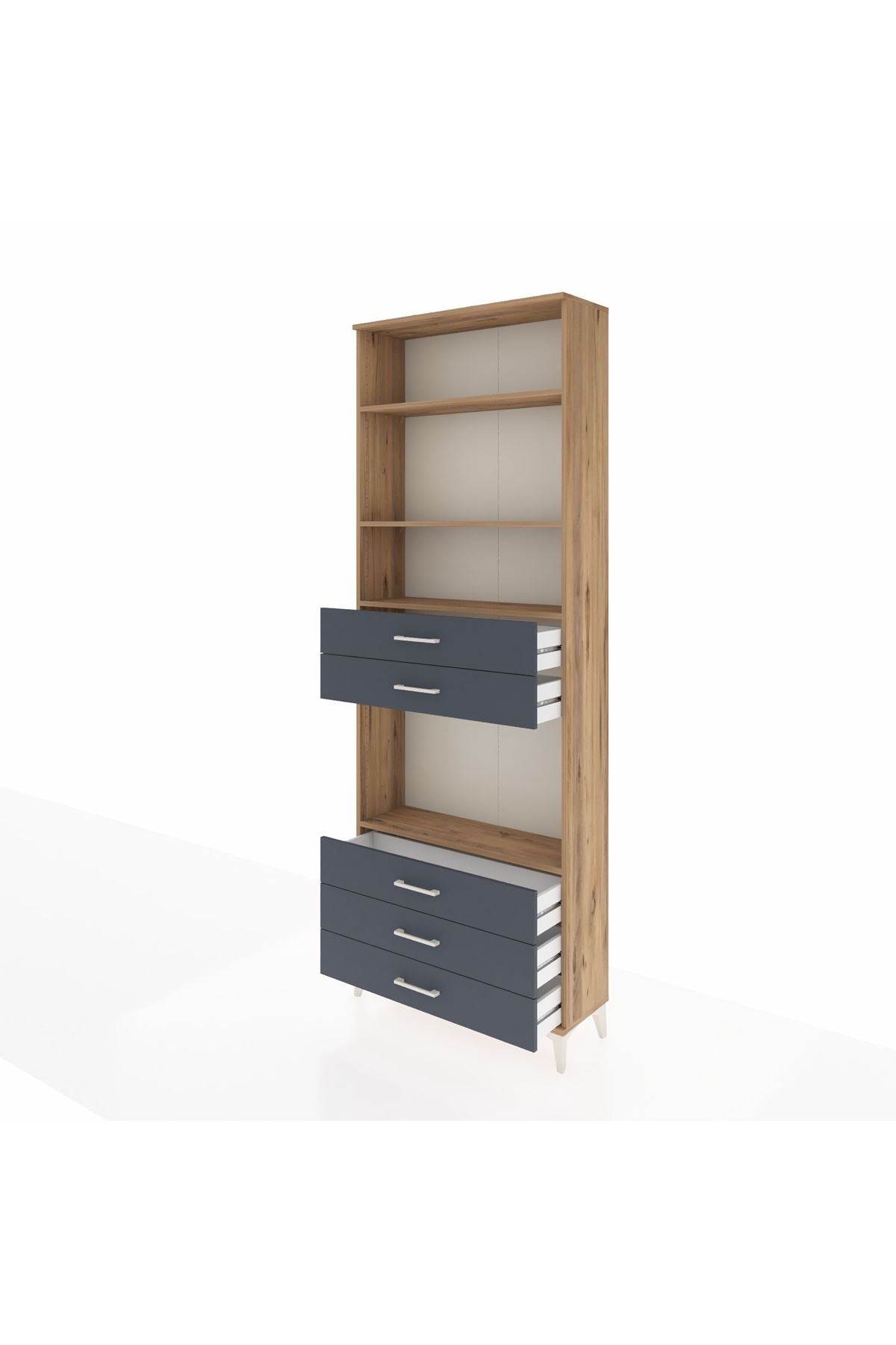 Arges Dolap 4 Raflı 5 Çekmeceli 88x30x243 Çam-Antrasit