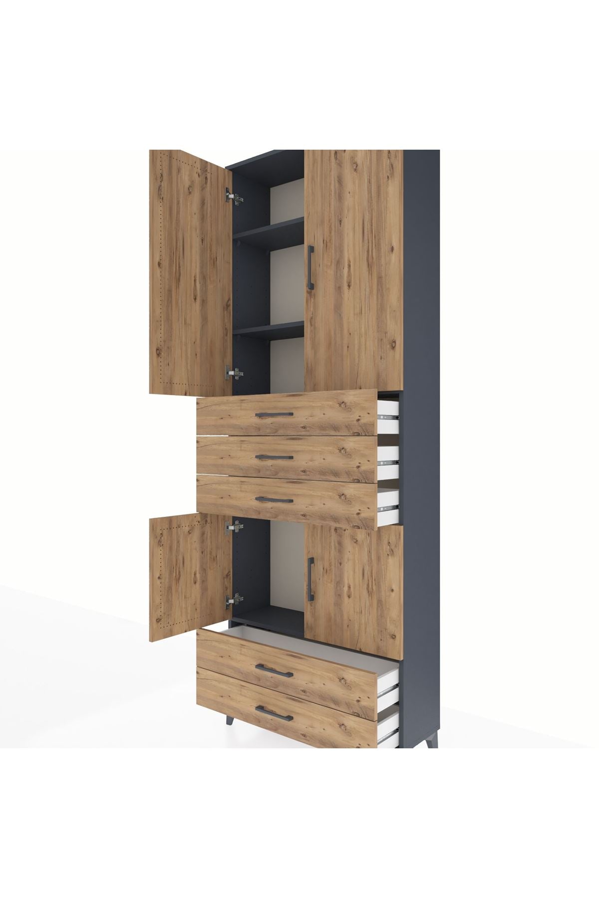 Arges Dolap 4 Raflı 5 Çekmeceli 4 Kapaklı 88x30x243 Antrasit-Çam