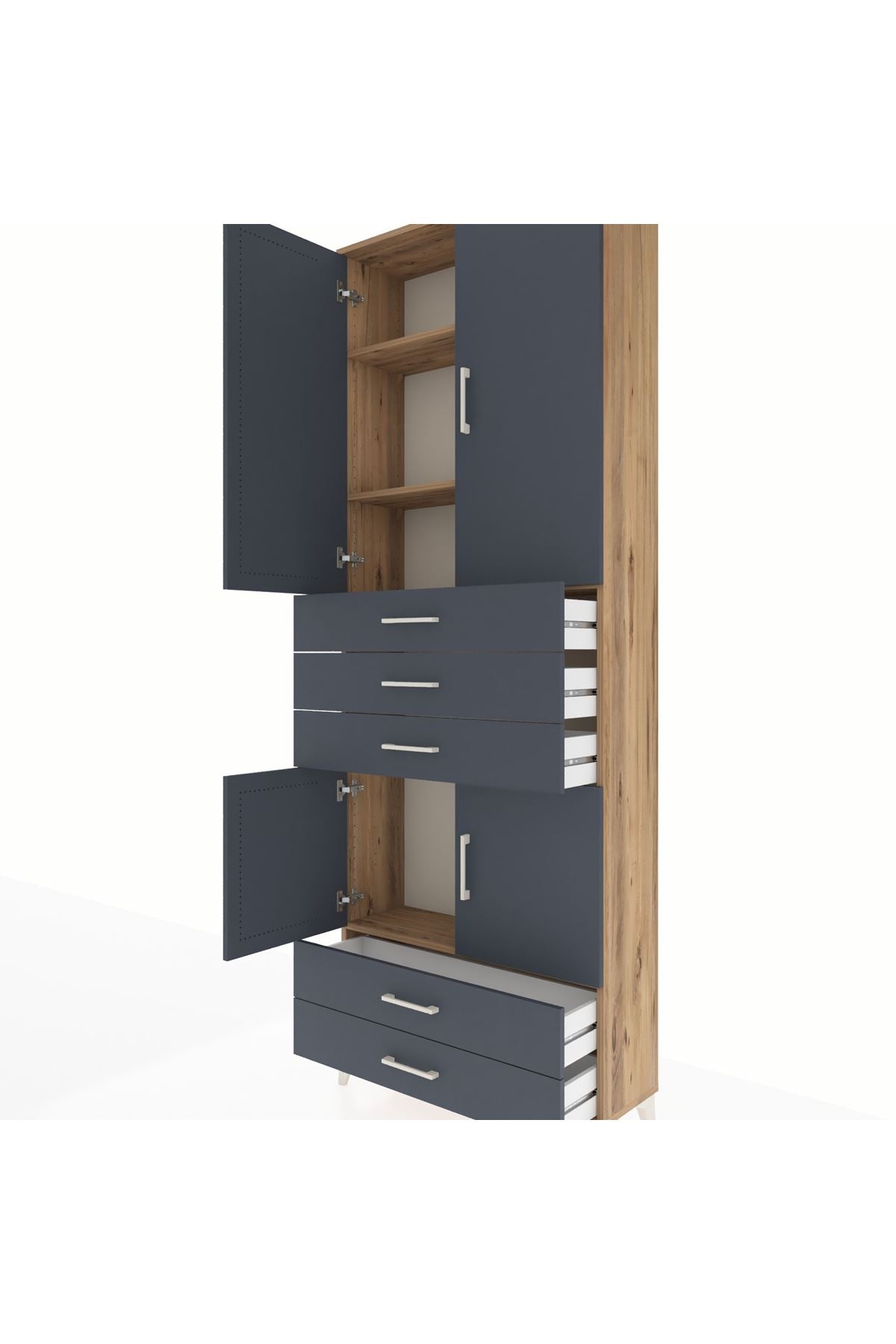 Arges Dolap 4 Raflı 5 Çekmeceli 4 Kapaklı 88x30x243 Çam-Antrasit