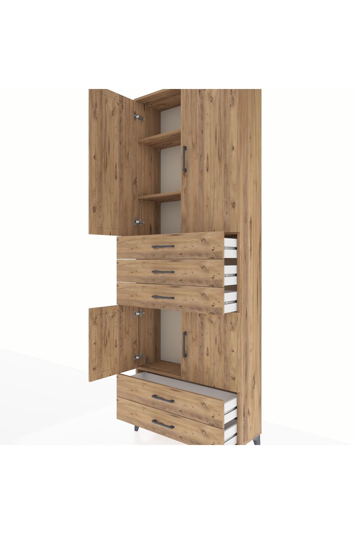 Arges Dolap 4 Raflı 5 Çekmeceli 4 Kapaklı 88x30x243 Çam-Çam