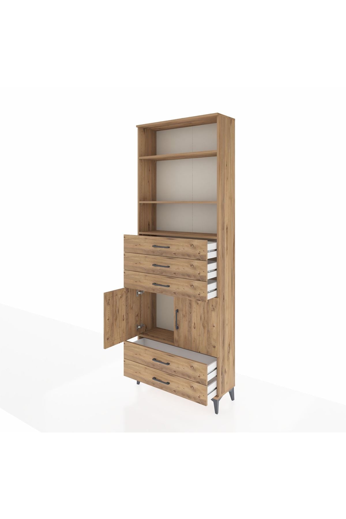 Arges Dolap 4 Raflı 5 Çekmeceli 2 Kapaklı 88x30x243 Çam-Çam