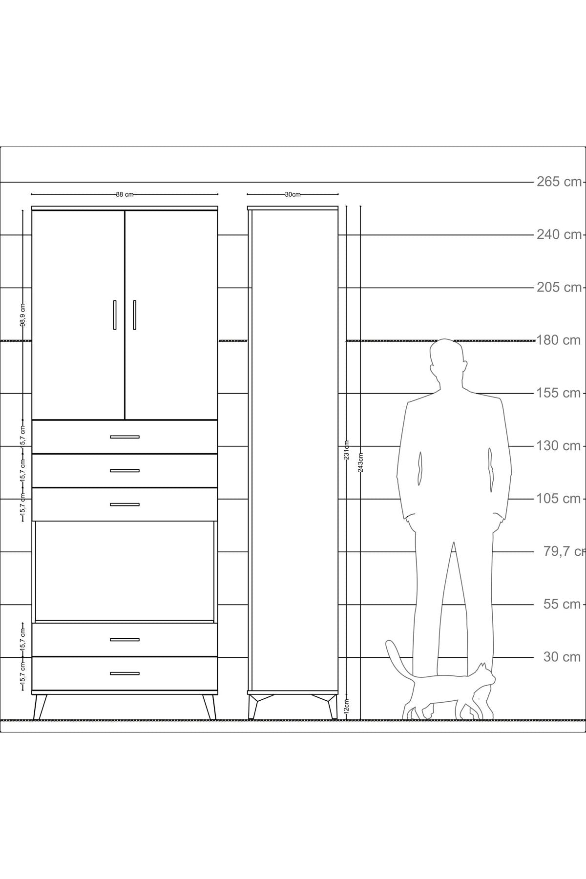 Arges Dolap 4 Raflı 5 Çekmeceli 2 Kapaklı 88x30x243 Antrasit-Çam