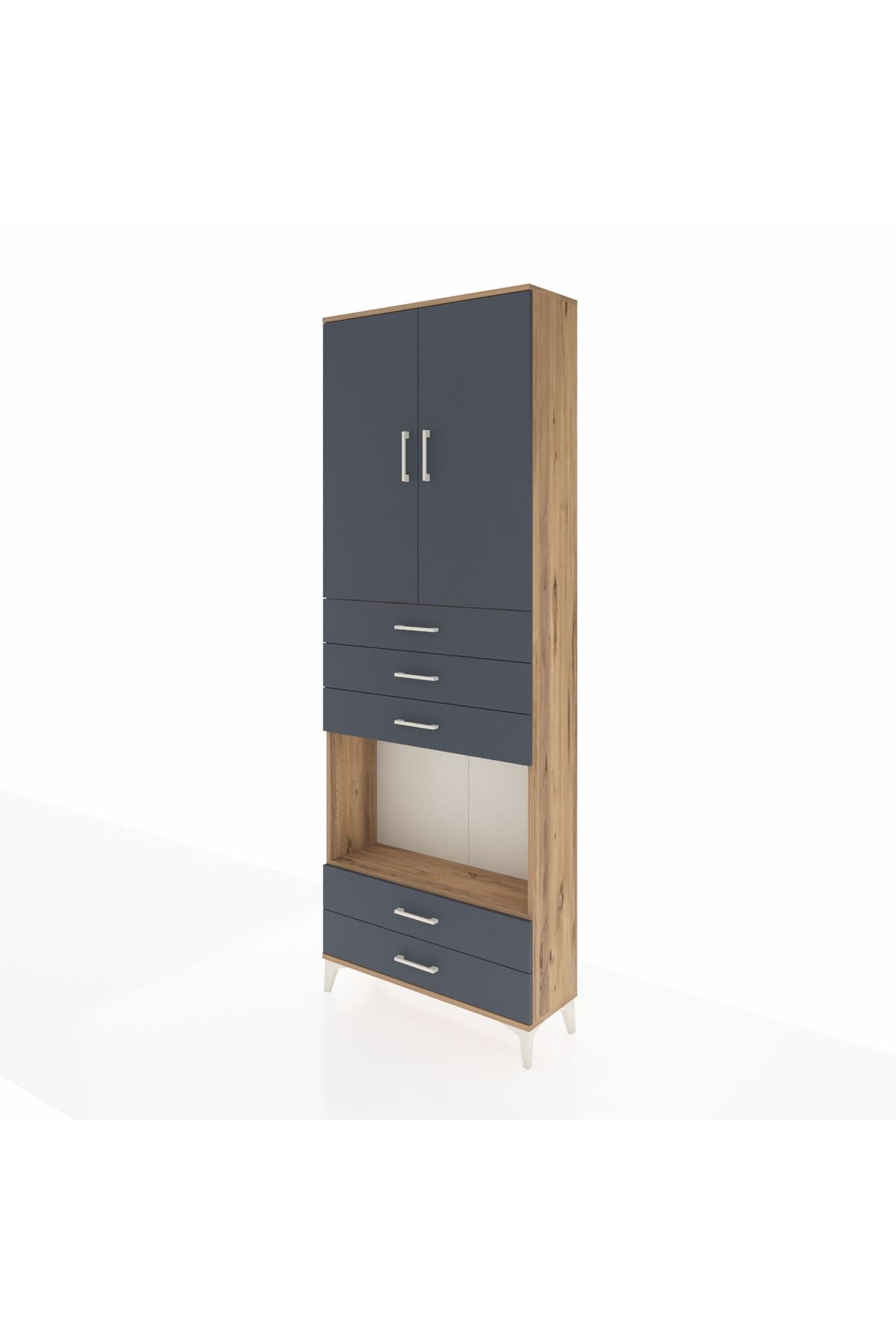 Arges Dolap 4 Raflı 5 Çekmeceli 2 Kapaklı 88x30x243 Çam-Antrasit