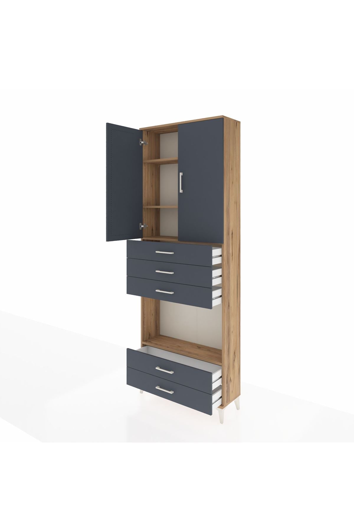 Arges Dolap 4 Raflı 5 Çekmeceli 2 Kapaklı 88x30x243 Çam-Antrasit