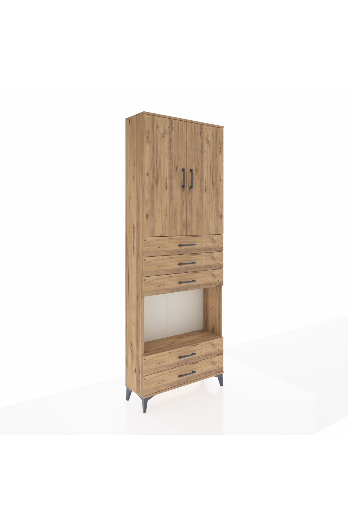 Arges Dolap 4 Raflı 5 Çekmeceli 2 Kapaklı 88x30x243 Çam-Çam