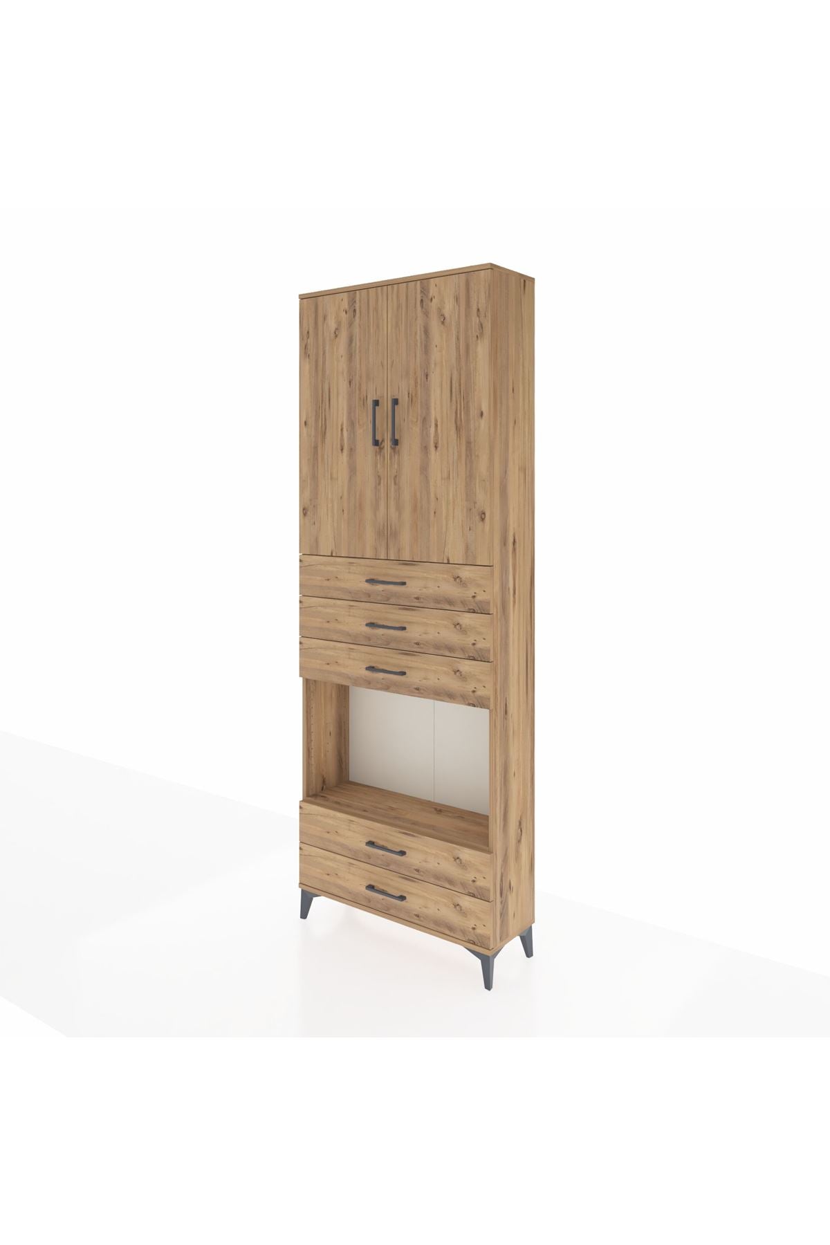 Arges Dolap 4 Raflı 5 Çekmeceli 2 Kapaklı 88x30x243 Çam-Çam