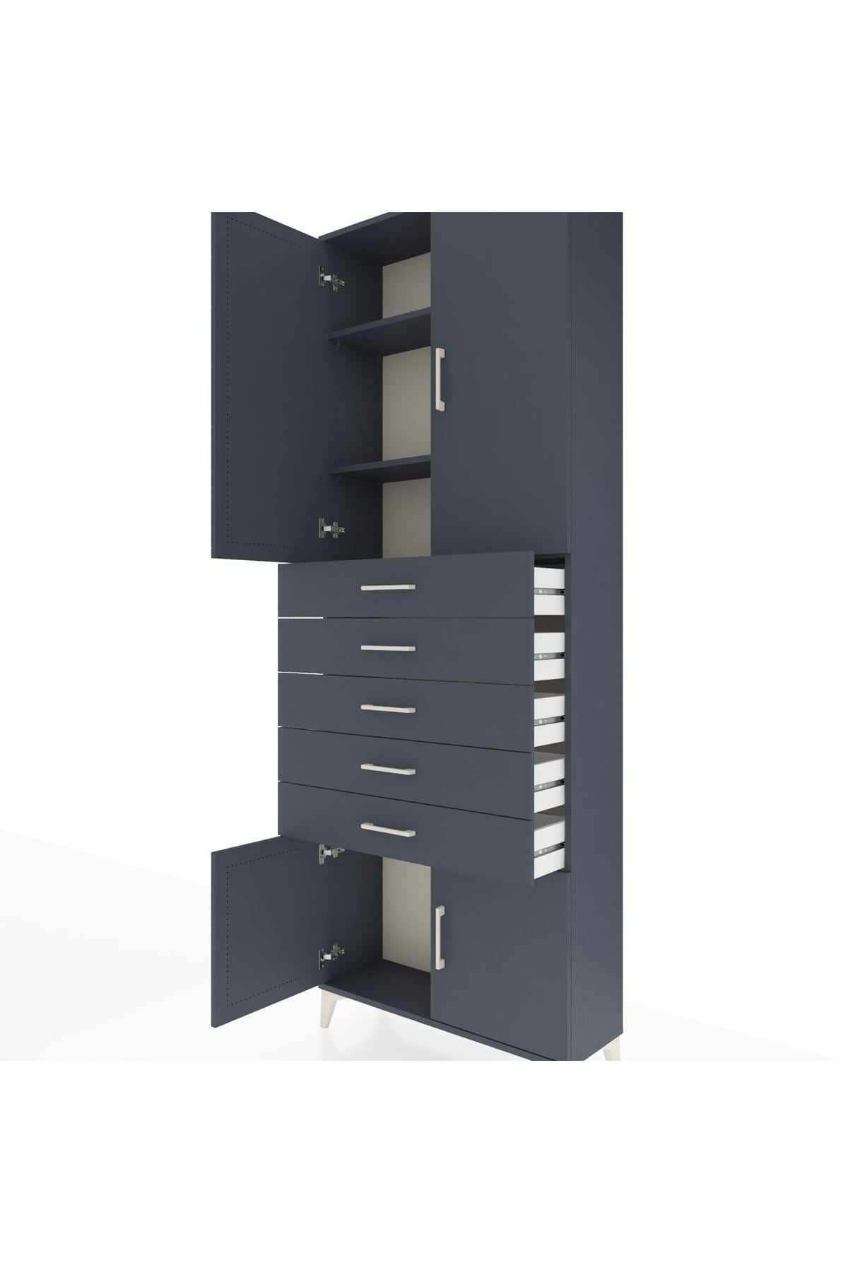 Arges Dolap 3 Raflı 5 Çekmeceli 4 Kapaklı 88x30x243 Antrasit-Antrasit