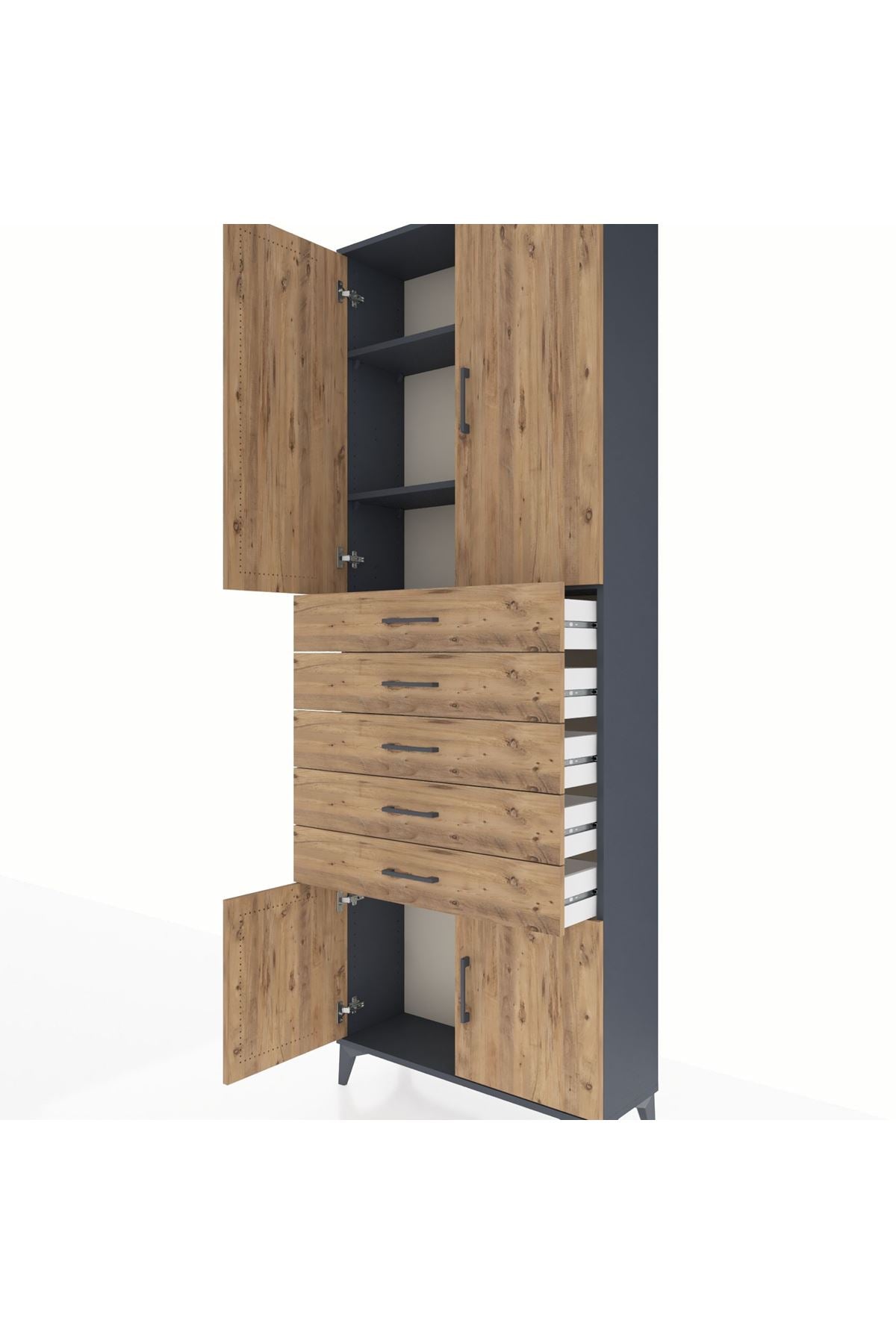 Arges Dolap 3 Raflı 5 Çekmeceli 4 Kapaklı 88x30x243 Antrasit-Çam