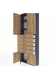 Arges Dolap 3 Raflı 5 Çekmeceli 4 Kapaklı 88x30x243 Antrasit-Çam