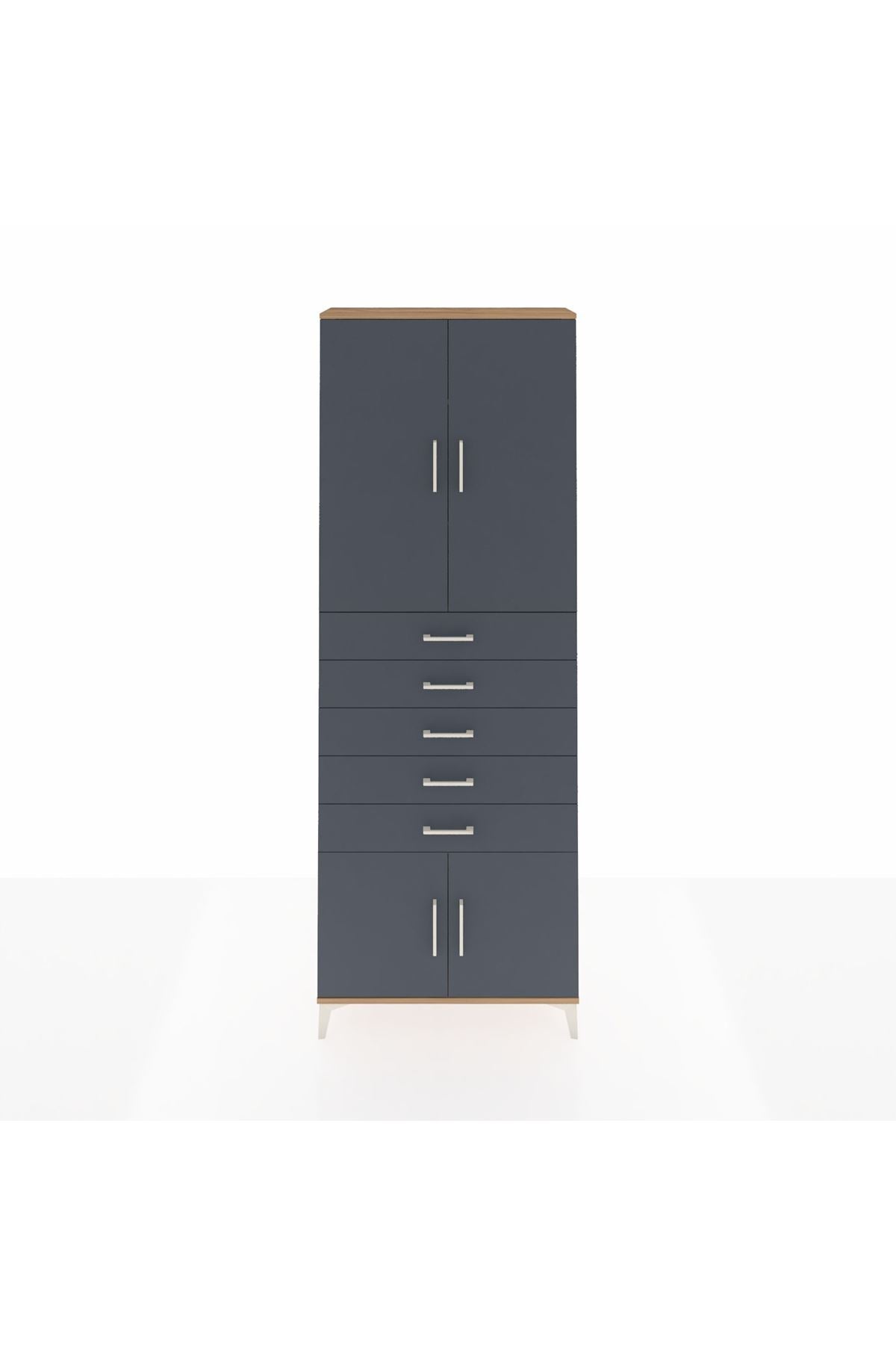 Arges Dolap 3 Raflı 5 Çekmeceli 4 Kapaklı 88x30x243 Çam-Antrasit