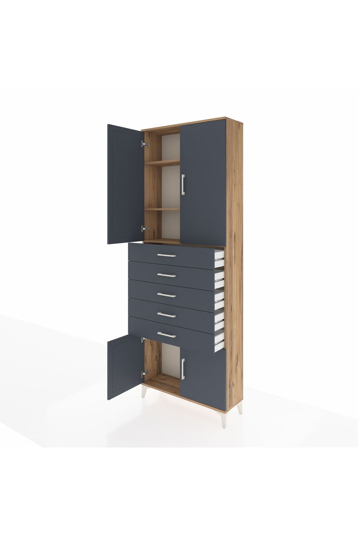 Arges Dolap 3 Raflı 5 Çekmeceli 4 Kapaklı 88x30x243 Çam-Antrasit