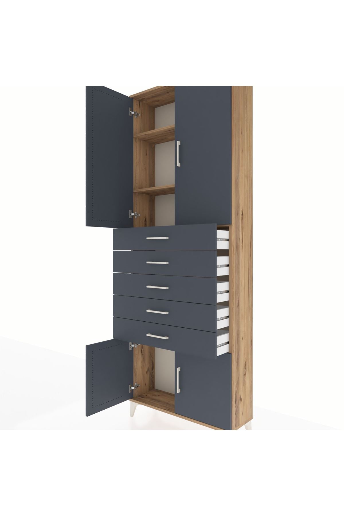 Arges Dolap 3 Raflı 5 Çekmeceli 4 Kapaklı 88x30x243 Çam-Antrasit