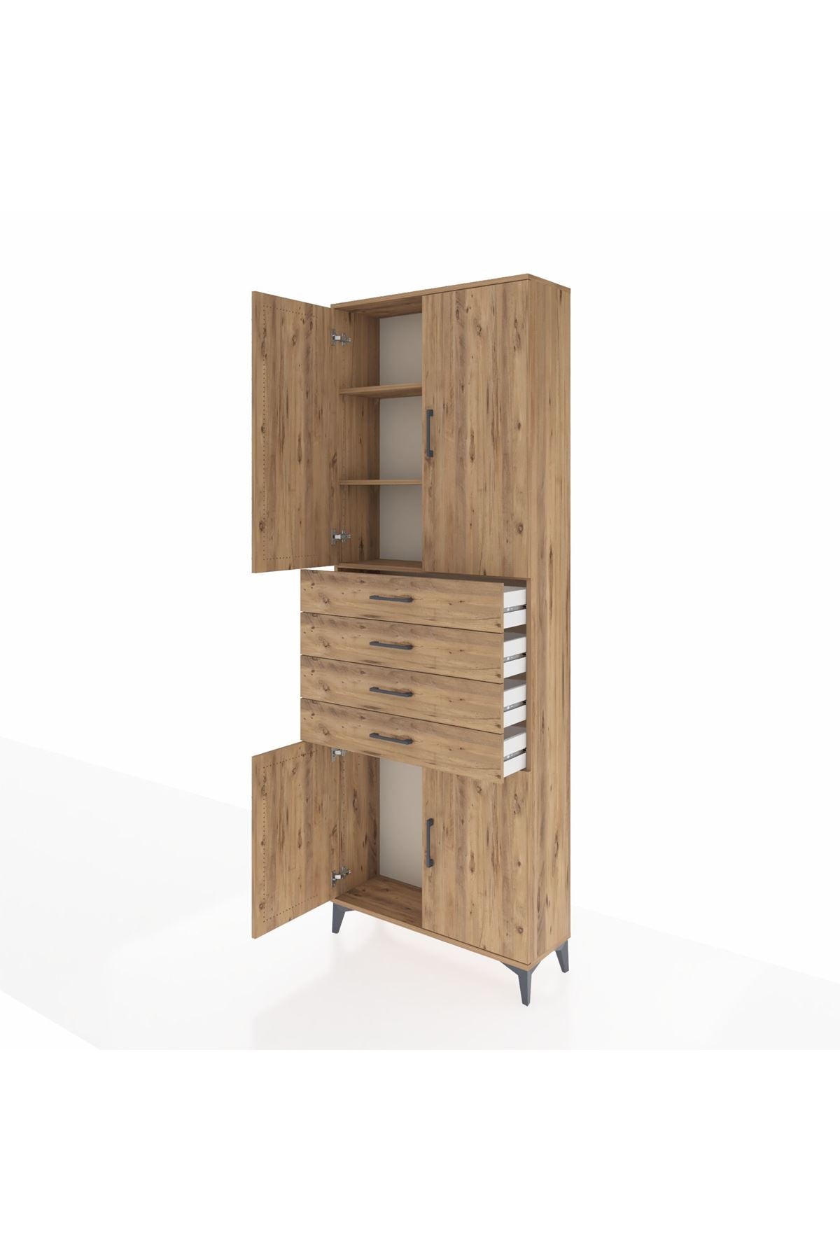 Arges Dolap 3 Raflı 4 Çekmeceli 4 Kapaklı 88x30x243 Çam-Çam