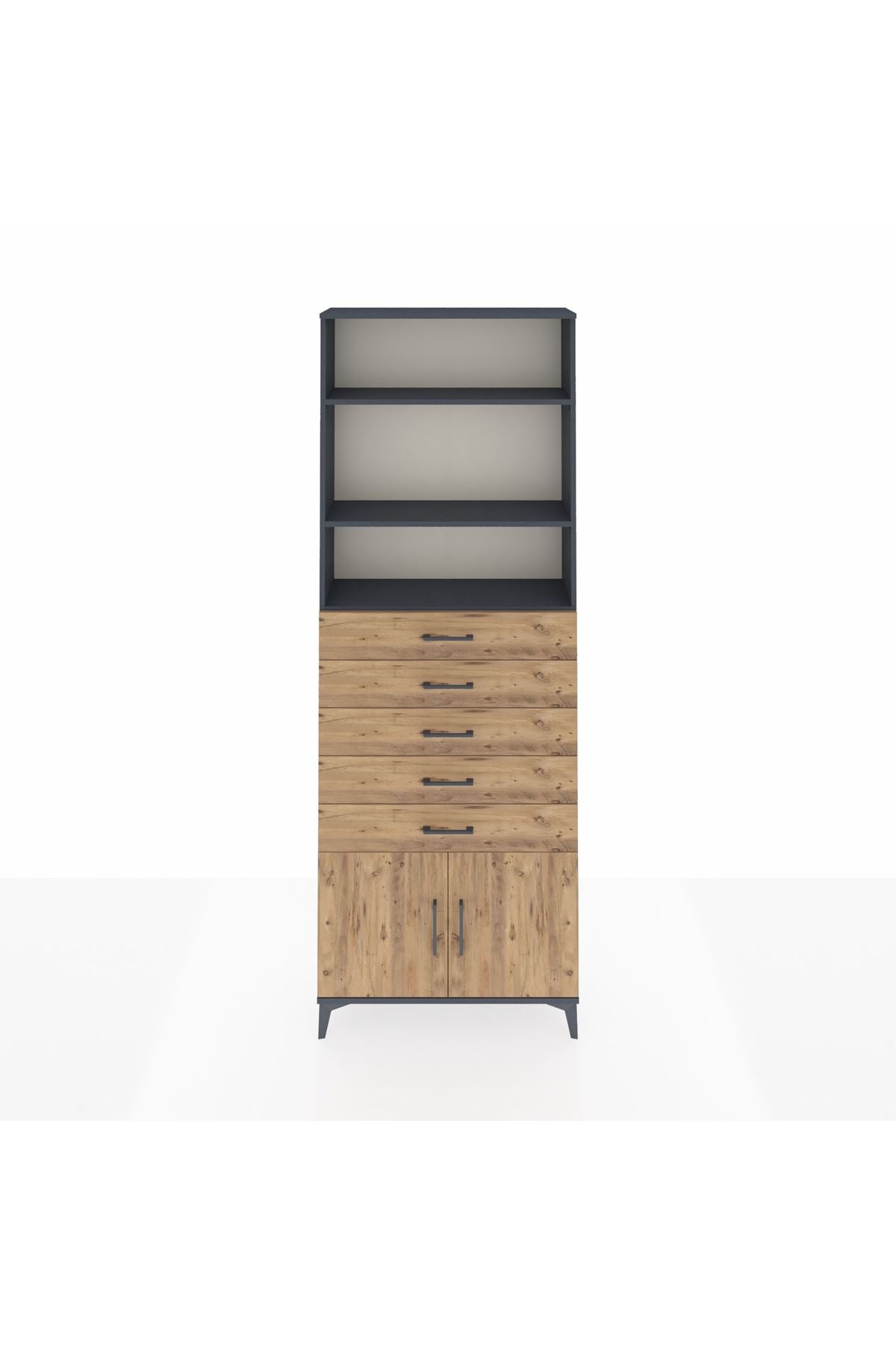 Arges Dolap 3 Raflı 5 Çekmeceli 2 Kapaklı 88x30x243 Antrasit-Çam