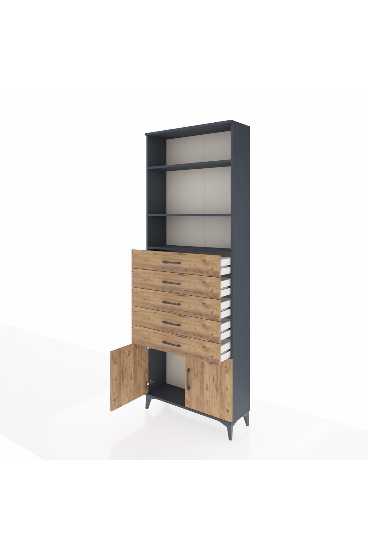 Arges Dolap 3 Raflı 5 Çekmeceli 2 Kapaklı 88x30x243 Antrasit-Çam