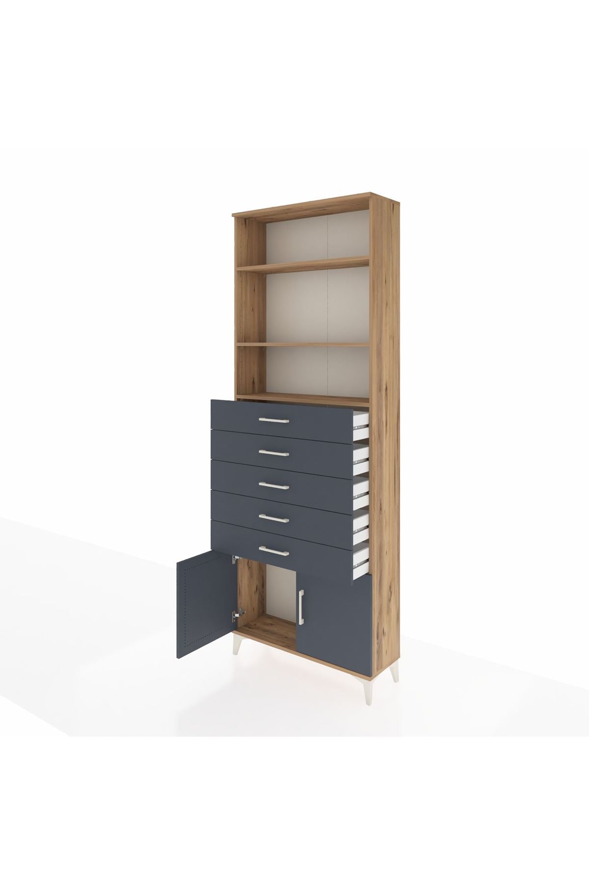 Arges Dolap 3 Raflı 5 Çekmeceli 2 Kapaklı 88x30x243 Çam-Antrasit