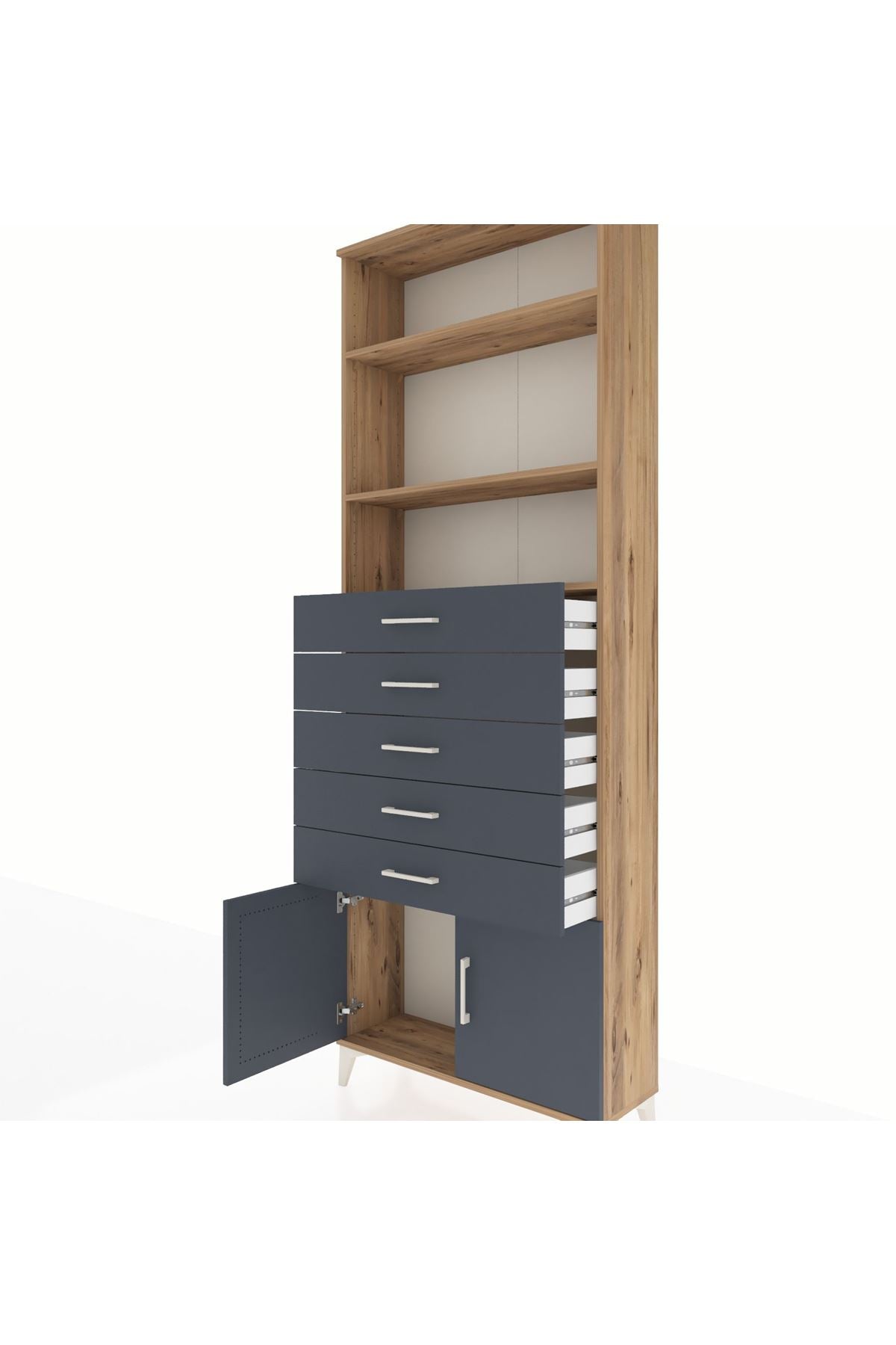 Arges Dolap 3 Raflı 5 Çekmeceli 2 Kapaklı 88x30x243 Çam-Antrasit