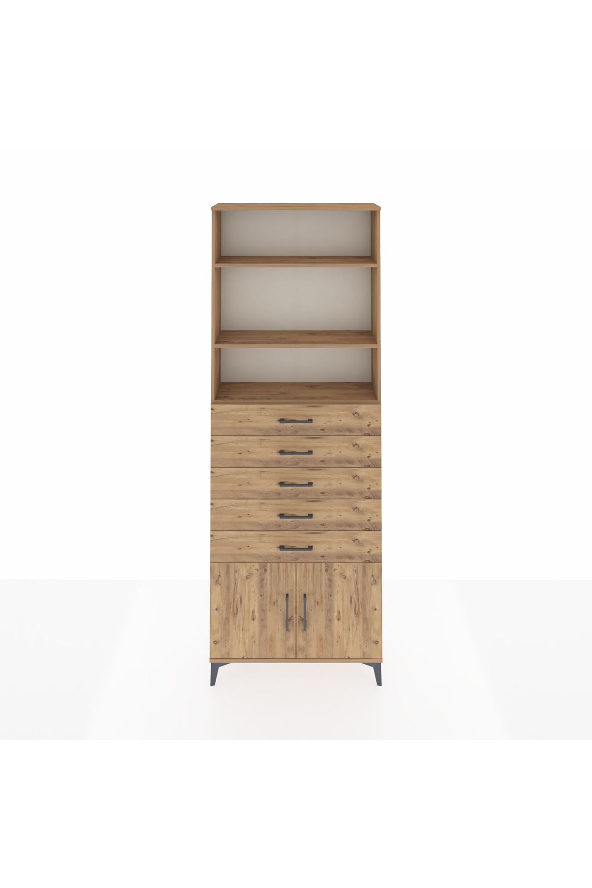 Arges Dolap 3 Raflı 5 Çekmeceli 2 Kapaklı 88x30x243 Çam-Çam